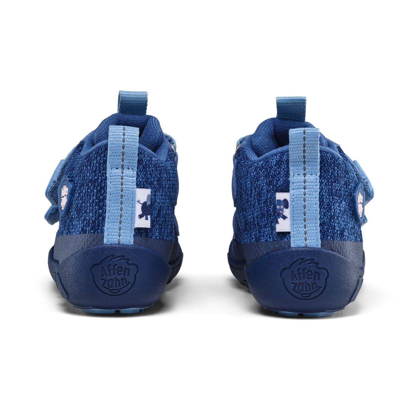 Blaue Knöchelschuhe aus gestricktem Material mit Elasticbund und kindgerechtem Elefantenmotiv