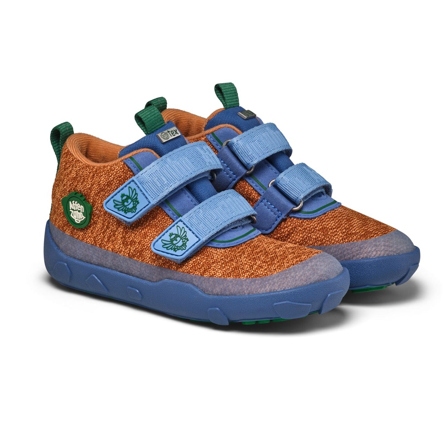 Colorful AFFENZAHN TEX Knöchelschuh KNIT HAPPY PARADIESVOGEL in zimt, blau, and grün featuring intricate knit design and playful paradise bird motif for comfortable, stylish footwear
