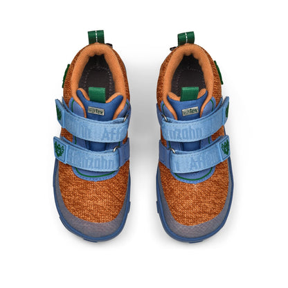 Colorful AFFENZAHN TEX Knöchelschuh KNIT HAPPY PARADIESVOGEL in zimt, blau, and grün featuring playful bird patterns and cozy knit material for comfortable, stylish toddler footwear