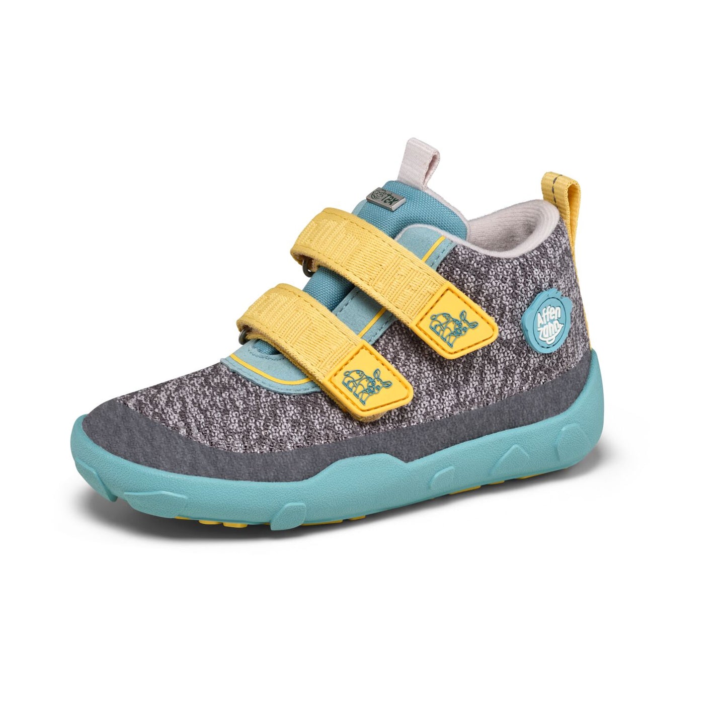 Bunte Knöchelschuh aus nachhaltigem Material in Grau, Gelb und Türkis, perfekt für kleine Nashorn-Fans