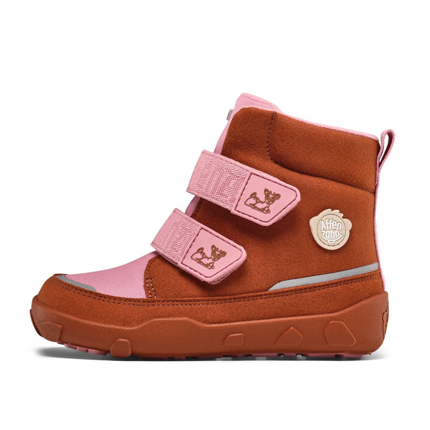 Bequemer veganer Stiefel für Kinder mit braunem und rosa Design, ideal für den Alltag