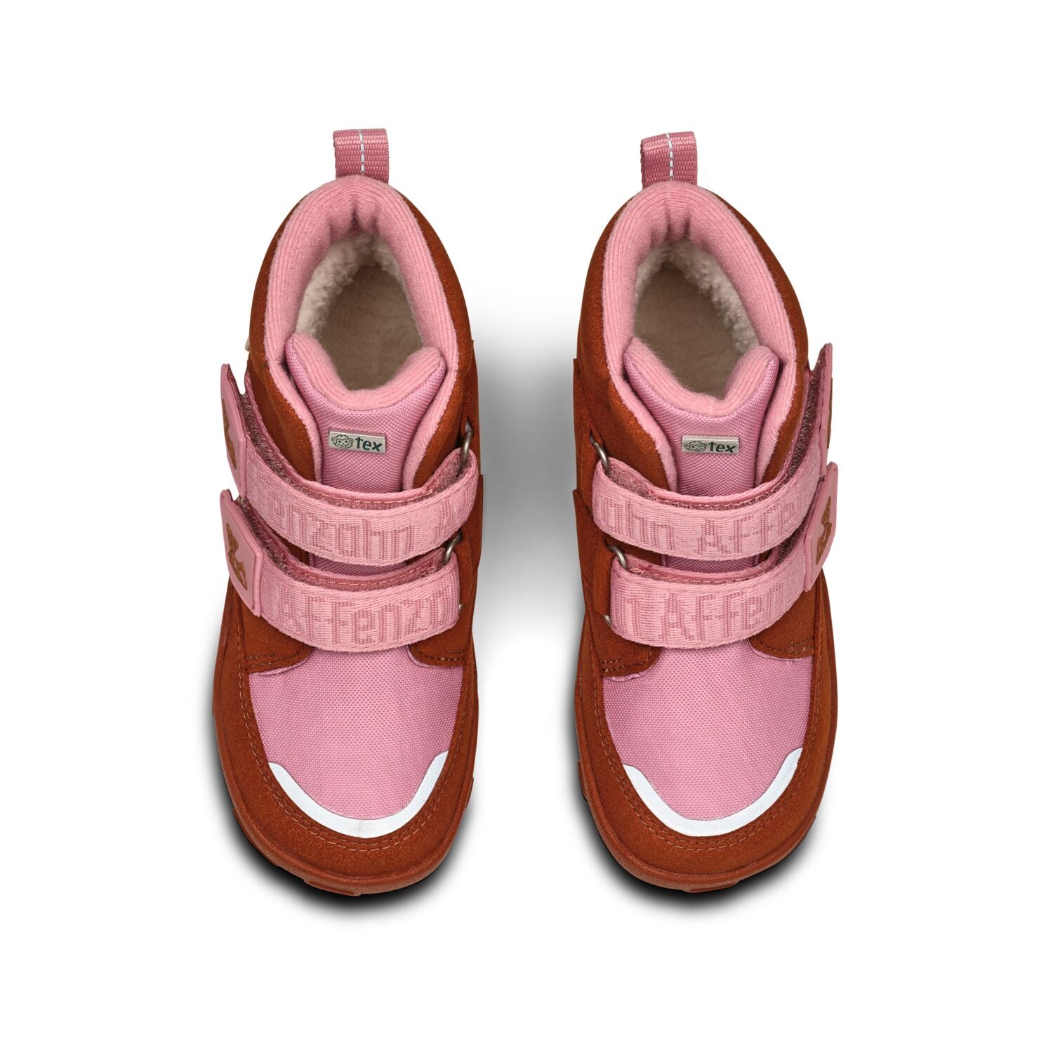 Robuste vegane Stiefelschuhe für Kinder in braun und rosa, geeignet für den Winter