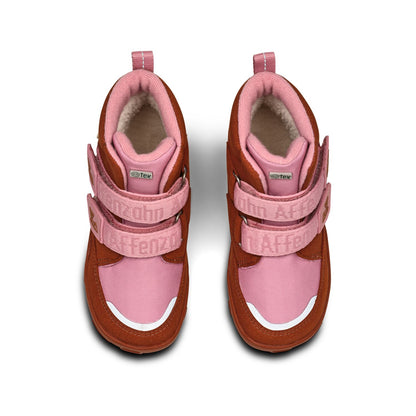 Robuste vegane Stiefelschuhe für Kinder in braun und rosa, geeignet für den Winter