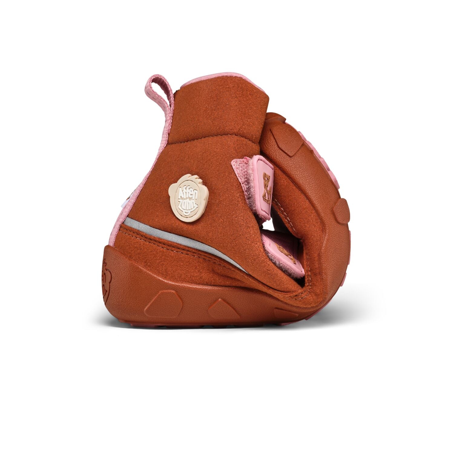 Leichter und flexibler veganer Stiefel in braun mit rosa Details, ideal für aktive Kinder