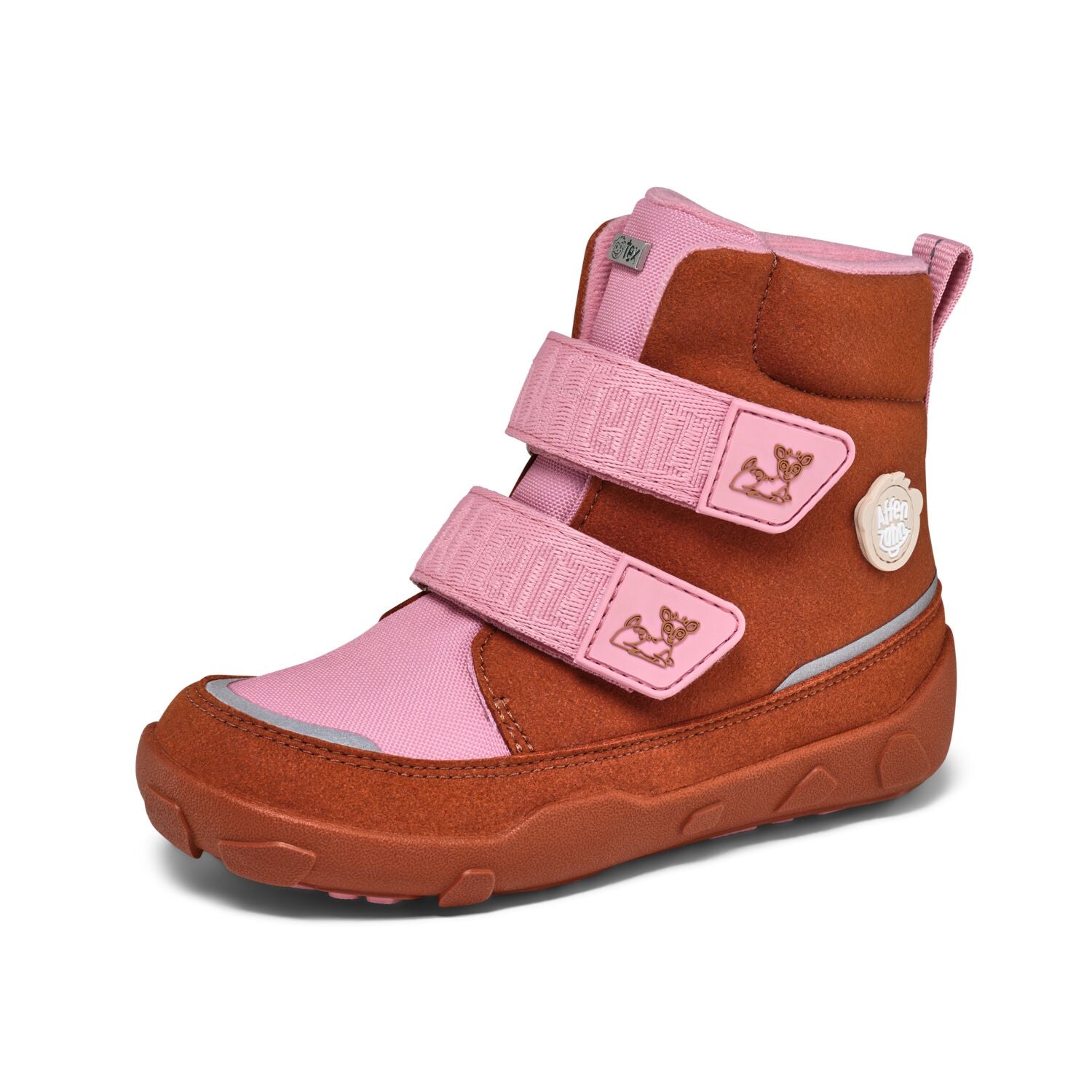 Kindlicher Stiefel aus veganem Material in den Farben braun und rosa mit weichem Innenfutter