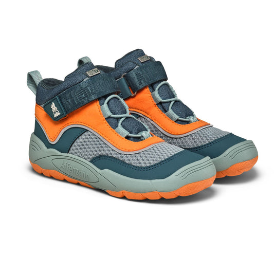 AFFENZAHN TEX Knöchelschuh VEGAN EXPLORY HASE in petrol und orange, seitlich Ansicht