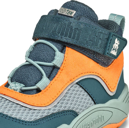 Seitenansicht des nachhaltigen AFFENZAHN TEX Knöchelschuhs, betont die langlebige Verarbeitung in petrol und orange