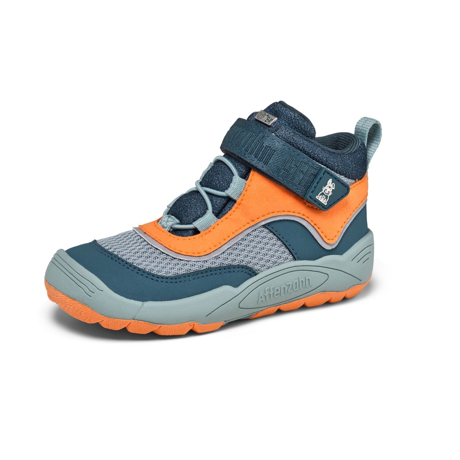 Detailaufnahme der Schnürung des veganen Knöchelschuhs AFFENZAHN TEX, betont die veganen Materialien in petrol und orange