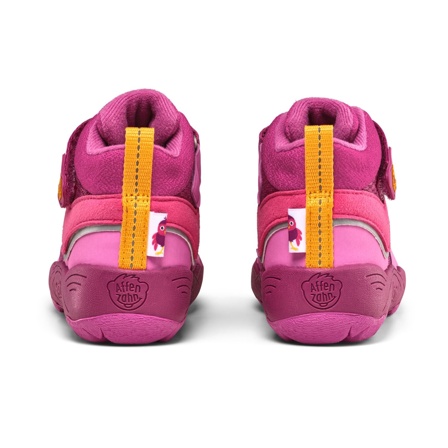 Knöchelschuh aus veganem Material mit buntem Vogelmotiv in auffälligem Fuchsia