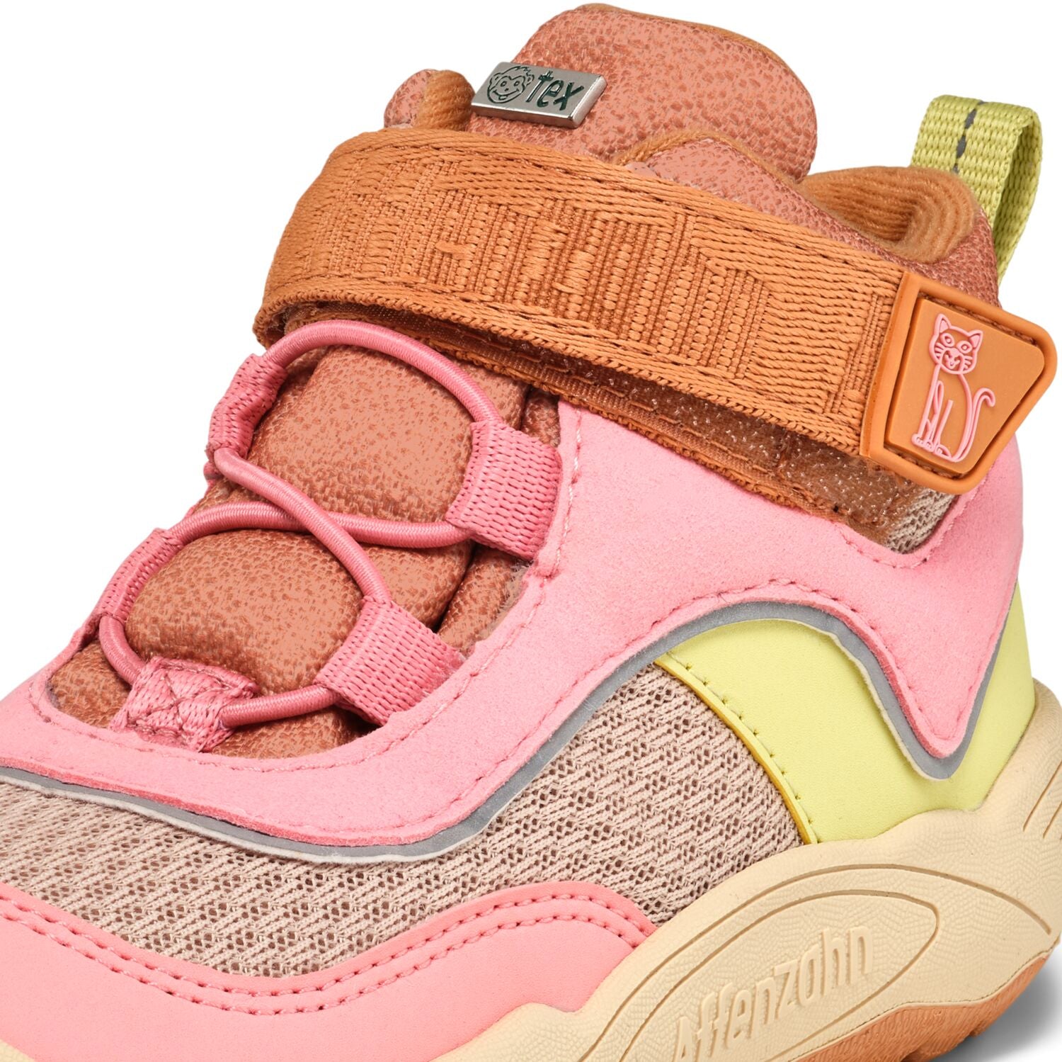 Beige und Neonpink kombinierter veganer Katzenknöchelschuh mit Zimt- und Buttergelb-Details