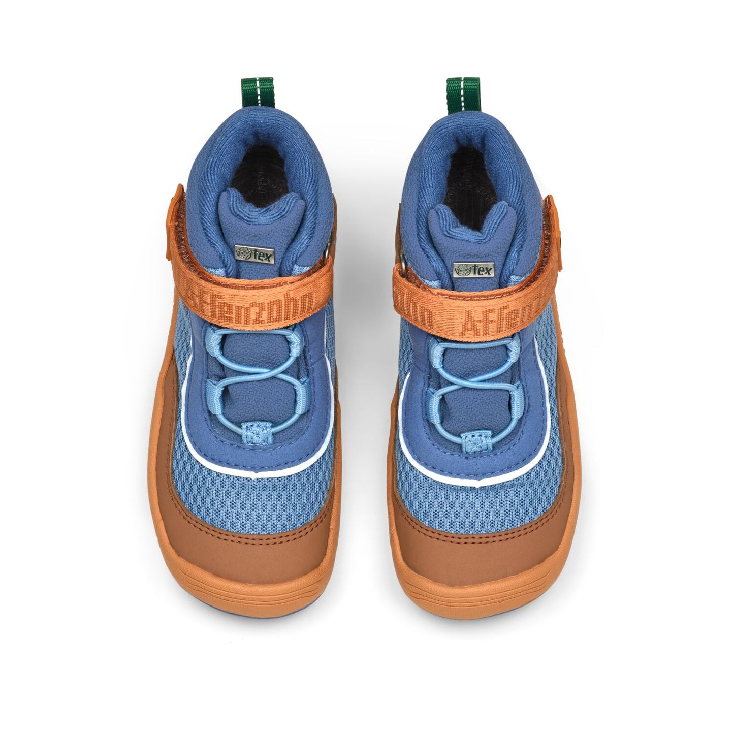 Veganer Knöchelschuh AFFENZAHN TEX mit stabiler Sohle, inspiriert vom exotischen Paradiesvogel in Blau und Zimt