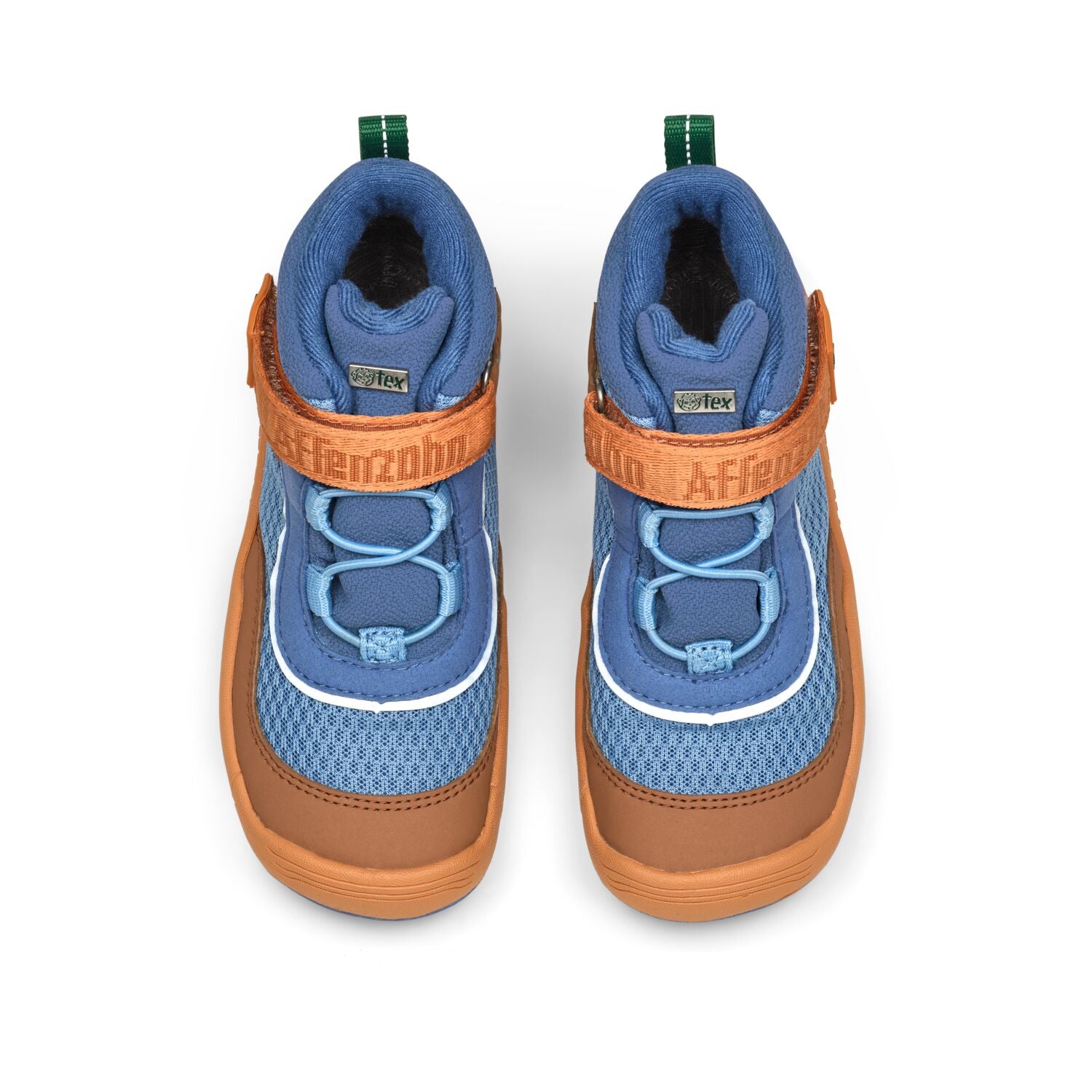 Veganer Knöchelschuh AFFENZAHN TEX mit stabiler Sohle, inspiriert vom exotischen Paradiesvogel in Blau und Zimt