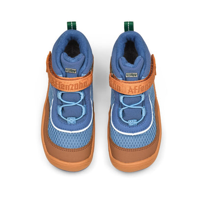 Veganer Knöchelschuh AFFENZAHN TEX mit stabiler Sohle, inspiriert vom exotischen Paradiesvogel in Blau und Zimt