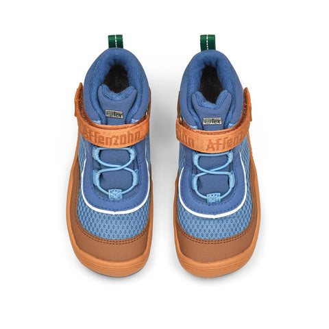 Veganer Knöchelschuh AFFENZAHN TEX mit stabiler Sohle, inspiriert vom exotischen Paradiesvogel in Blau und Zimt