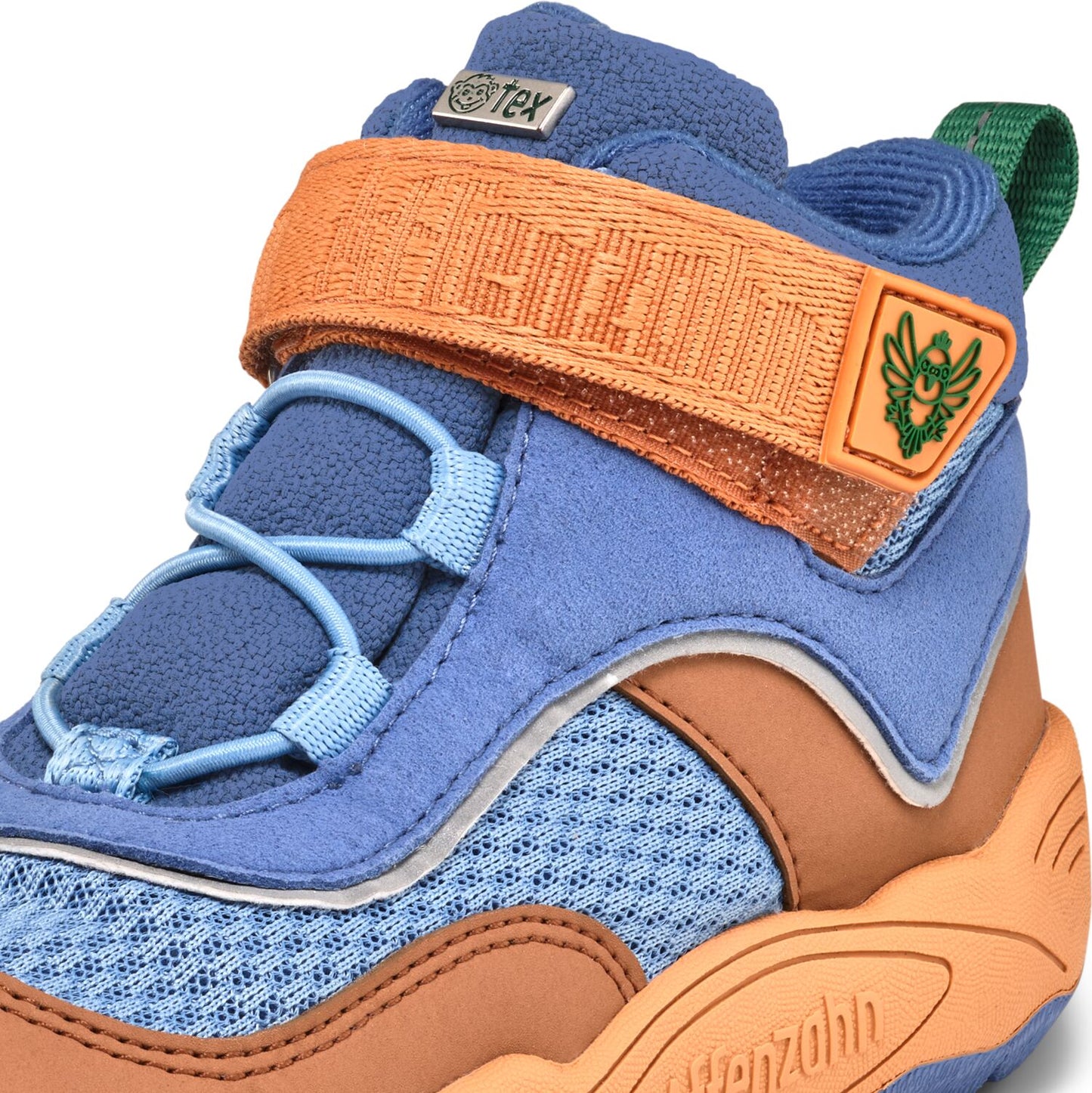 AFFENZAHN TEX Knöchelschuh, geeignet für Alltag und Freizeit, mit farbenfrohem Vogel-Design in Blau und Zimt