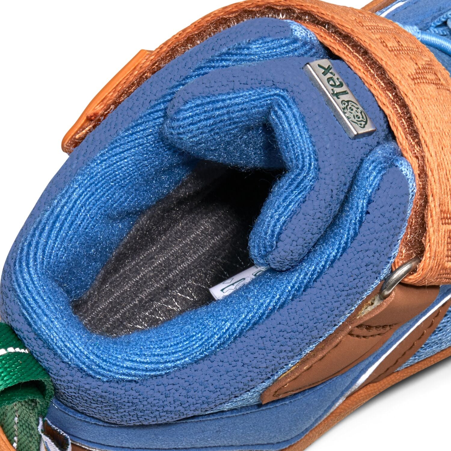 Bunter veganer Schuh AFFENZAHN TEX mit Knöchelstütze, inspiriert vom Paradiesvogel in Blau und Zimtfarben