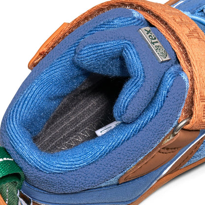 Bunter veganer Schuh AFFENZAHN TEX mit Knöchelstütze, inspiriert vom Paradiesvogel in Blau und Zimtfarben