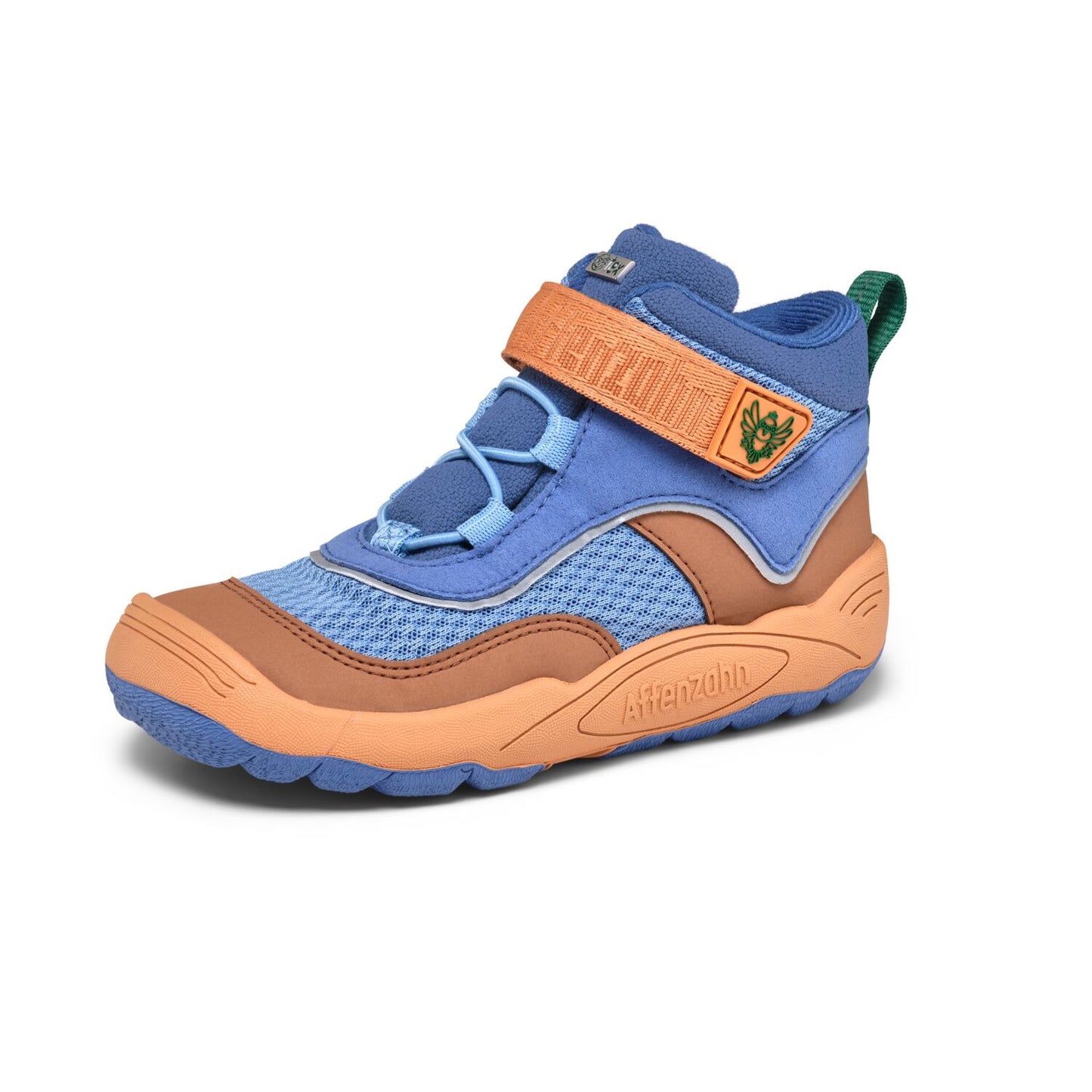 Damen- oder Herrenschuh AFFENZAHN TEX aus veganem Material, mit auffälligem Blau und Zimtfarbenem Vogelmotiv