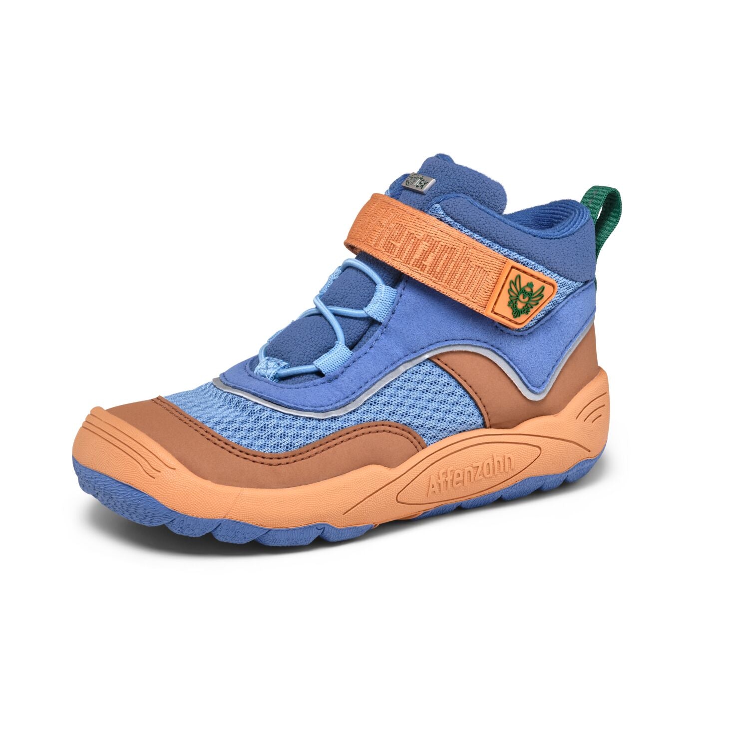 Damen- oder Herrenschuh AFFENZAHN TEX aus veganem Material, mit auffälligem Blau und Zimtfarbenem Vogelmotiv