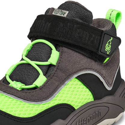 Schwarzer veganer Knöchelschuh AFFENZAHN TEX mit auffälligen neongrünen Designelementen