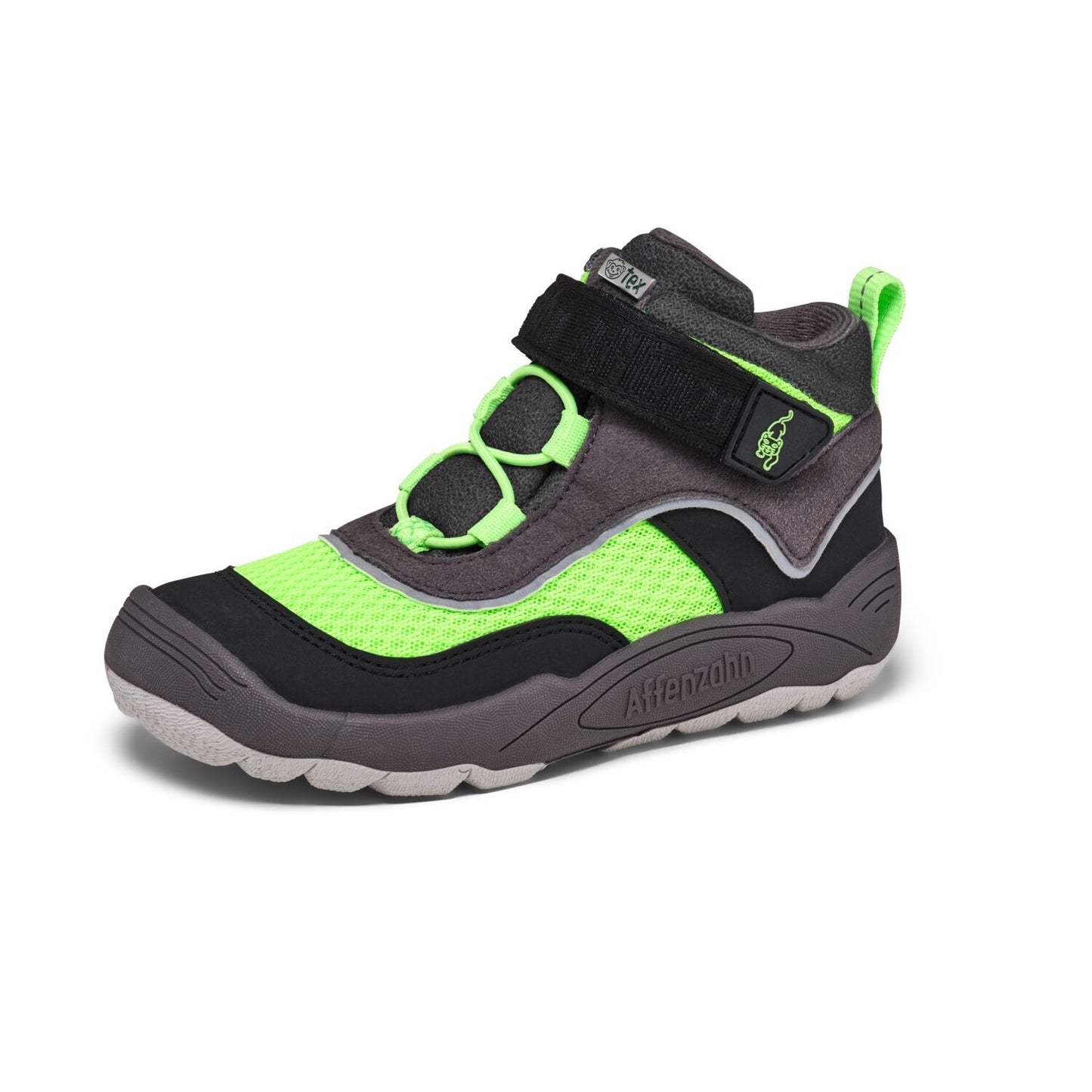 Nachhaltiger veganer Knöchelschuh AFFENZAHN TEX in Schwarz mit leuchtenden Neongrün-Details