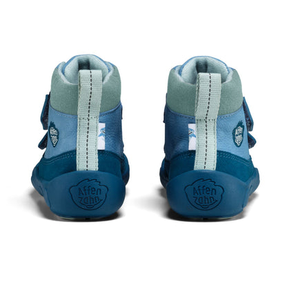 Robuster Leder-Knöchelschuh für Kinder mit LED-Lichtern in Blau und Petrol, geeignet für den Alltag