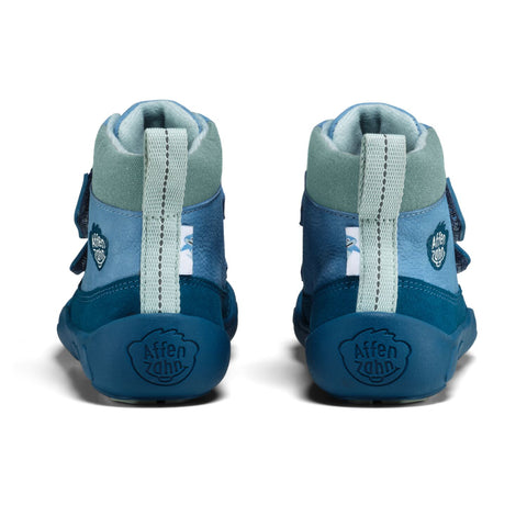 Robuster Leder-Knöchelschuh für Kinder mit LED-Lichtern in Blau und Petrol, geeignet für den Alltag