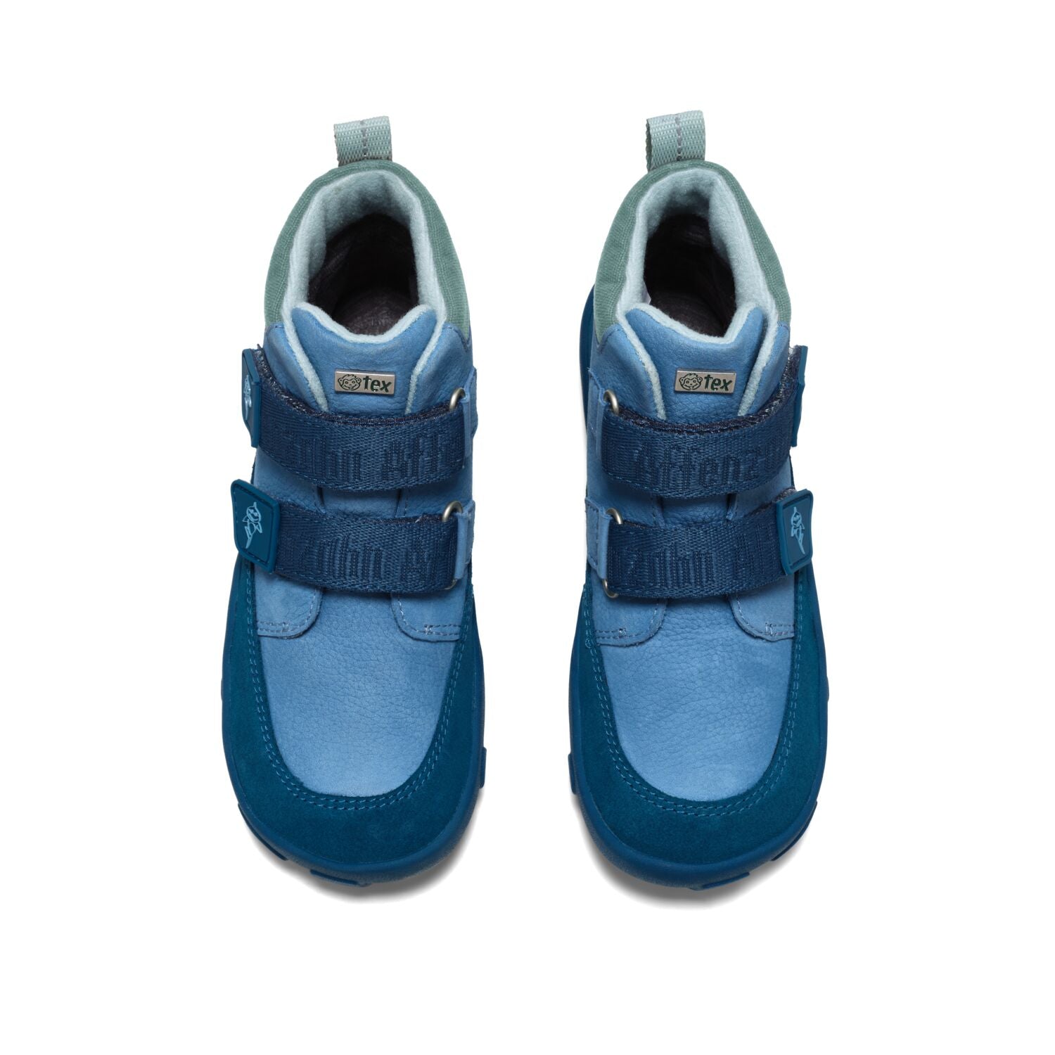 Kinderschuh aus hochwertigem Leder mit leuchtenden Details in Blau und Petrol, ideal für besondere Anlässe