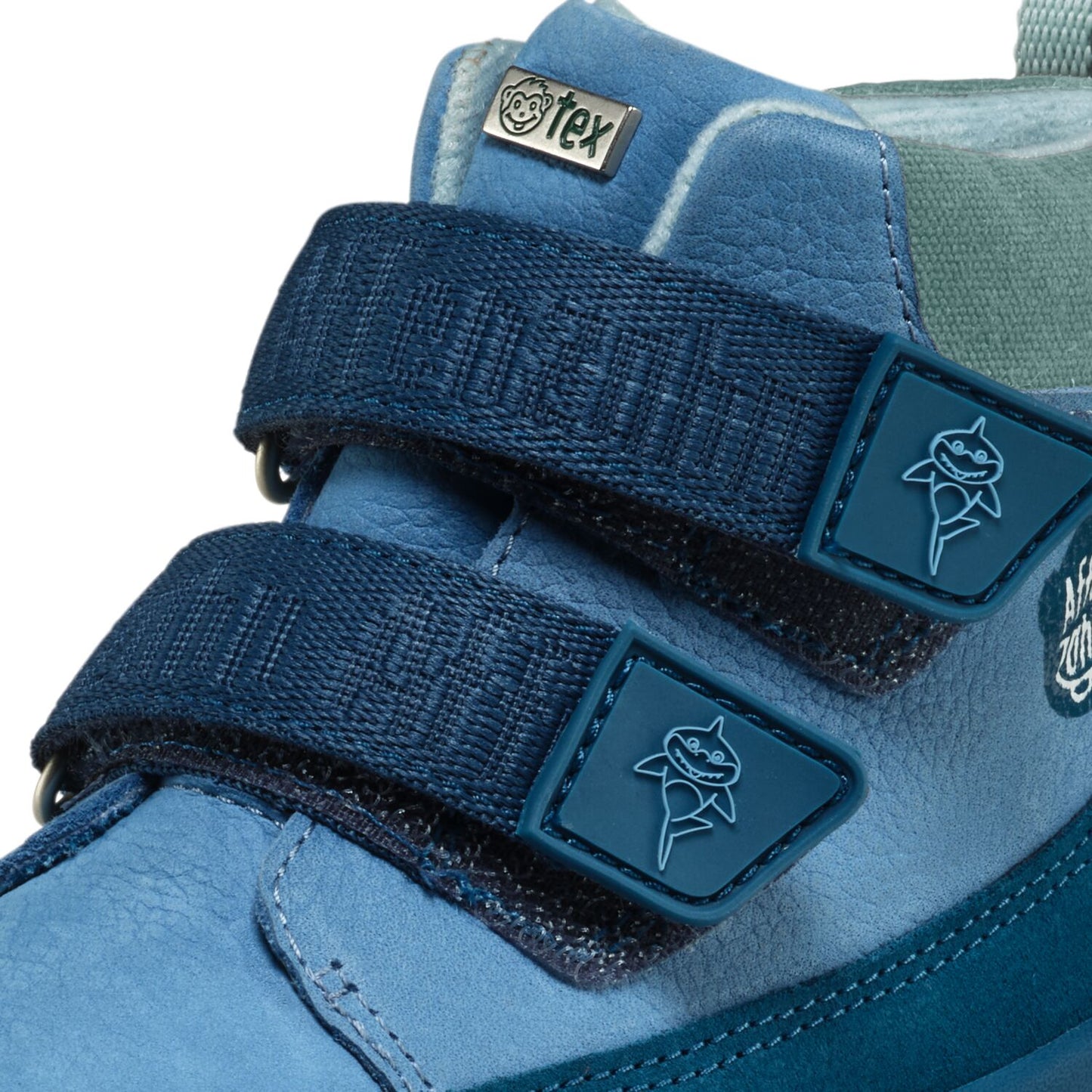 AFFENZAHN TEX Kinder-Knöchelschuh mit Lederoberfläche in Blau und Petrol, mit rutschfester Sohle