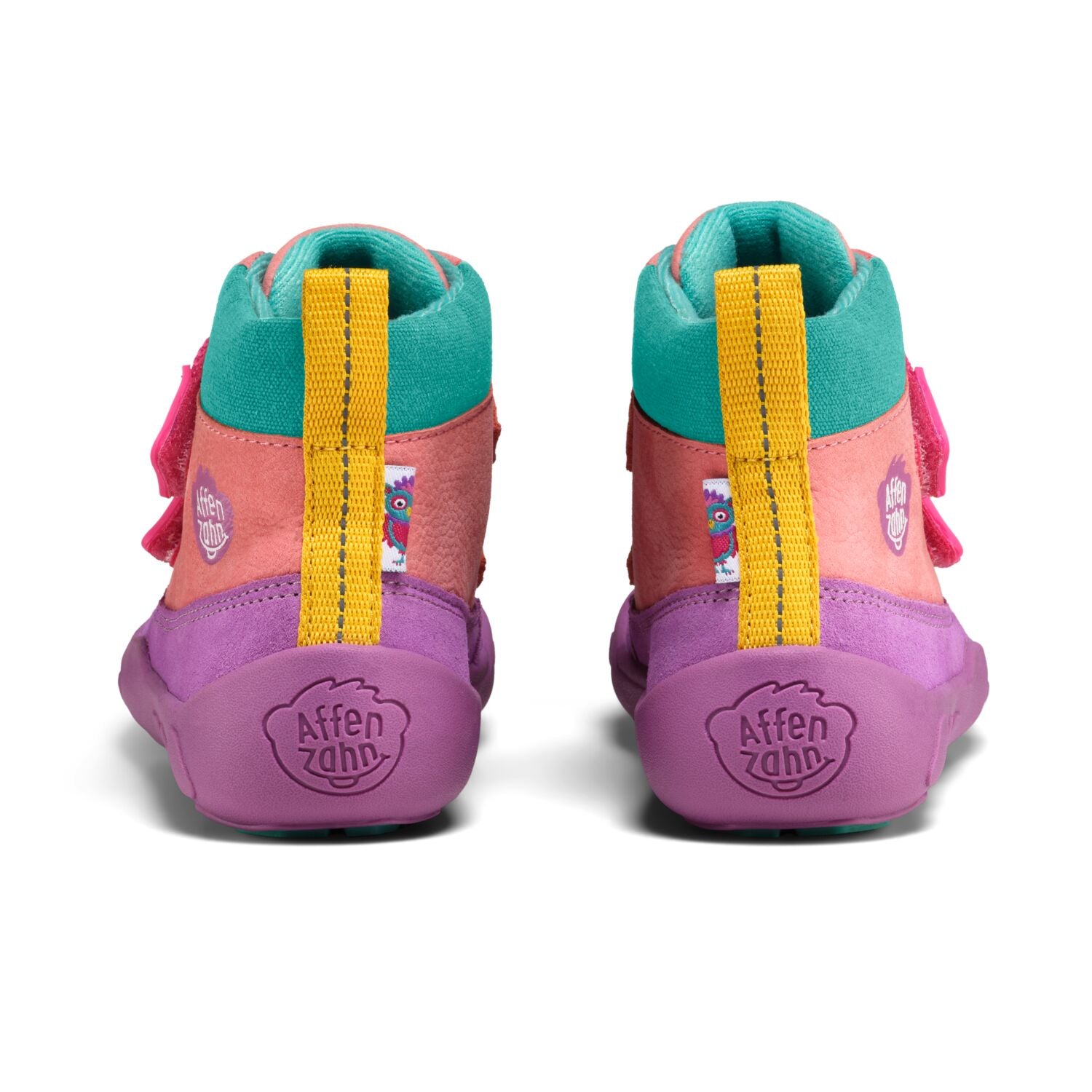 Leder-Knöchelschuh in lila mit freundlicher Eule und LED-Lichtern, hergestellt von AFFENZAHN TEX für mehr Spaß