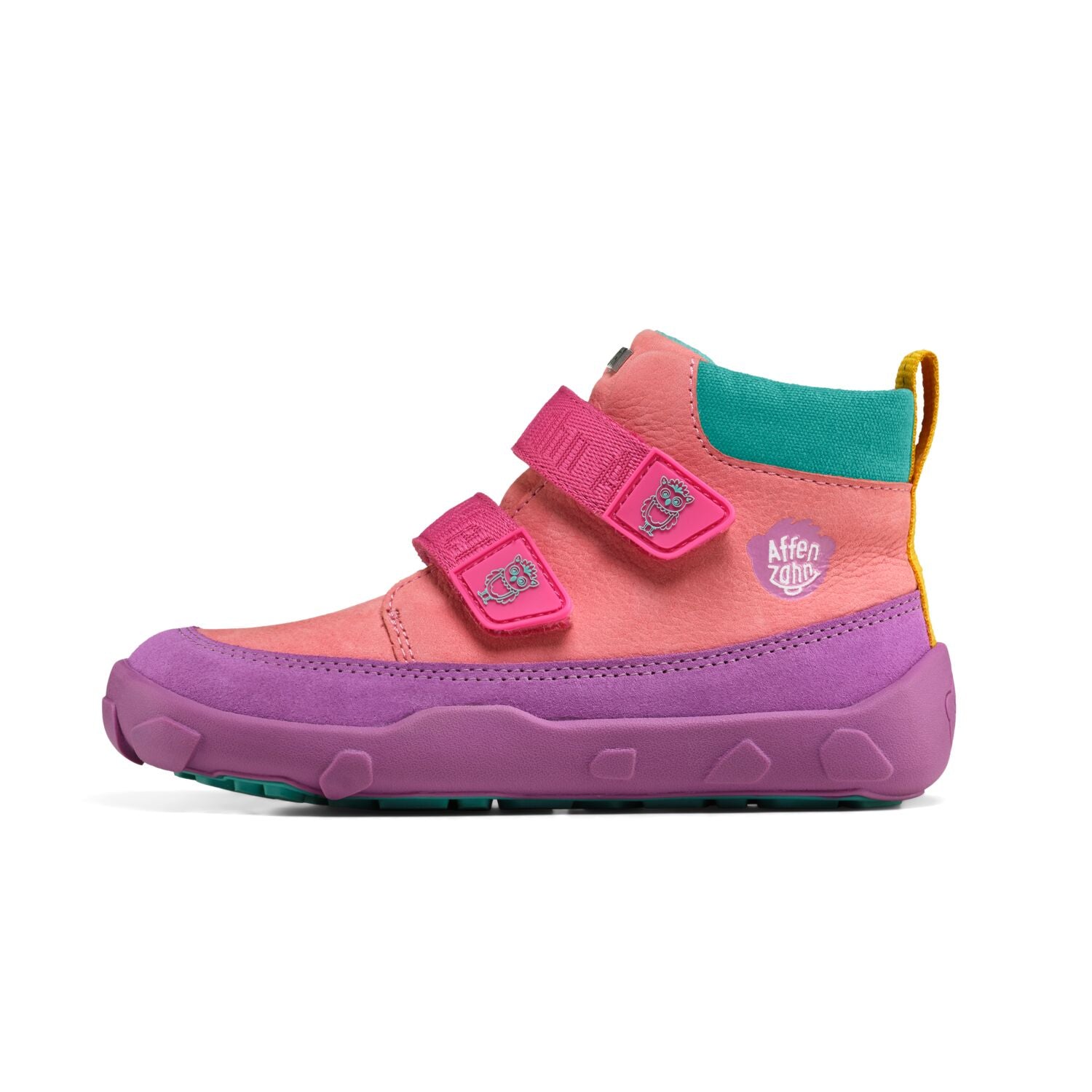 Hochwertiger Knöchelschuh von AFFENZAHN TEX in lila, gefertigt aus weichem Leder mit Eule-Design und LED-Lichtfunktion