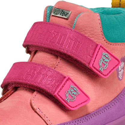 Hochwertiger Leder-Knöchelschuh in lila, mit LED-Leuchteffekt und Eule-Motiv für junge Kinder