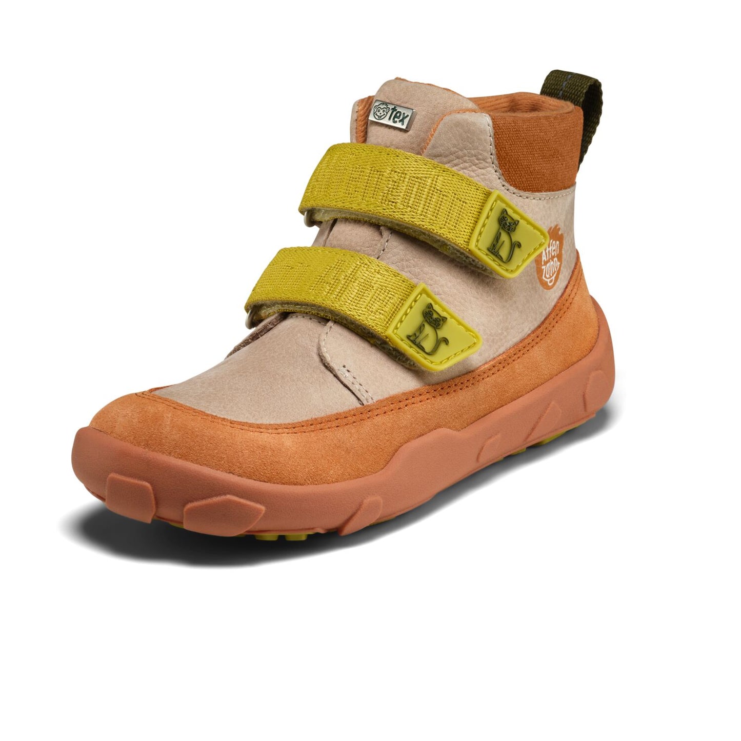 Kuscheliger Knöchelschuh in Kiwi-Grün aus Leder mit liebevollem Katzenmuster und LEDER-Qualität