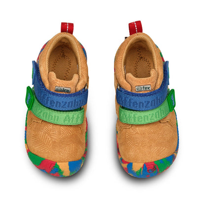 Hochwertiger beiger Leder-Knöchelschuh von AFFENZAHN TEX, mit bunten Details, geeignet für kindliche Füße, 10 Jahre Erfahrung