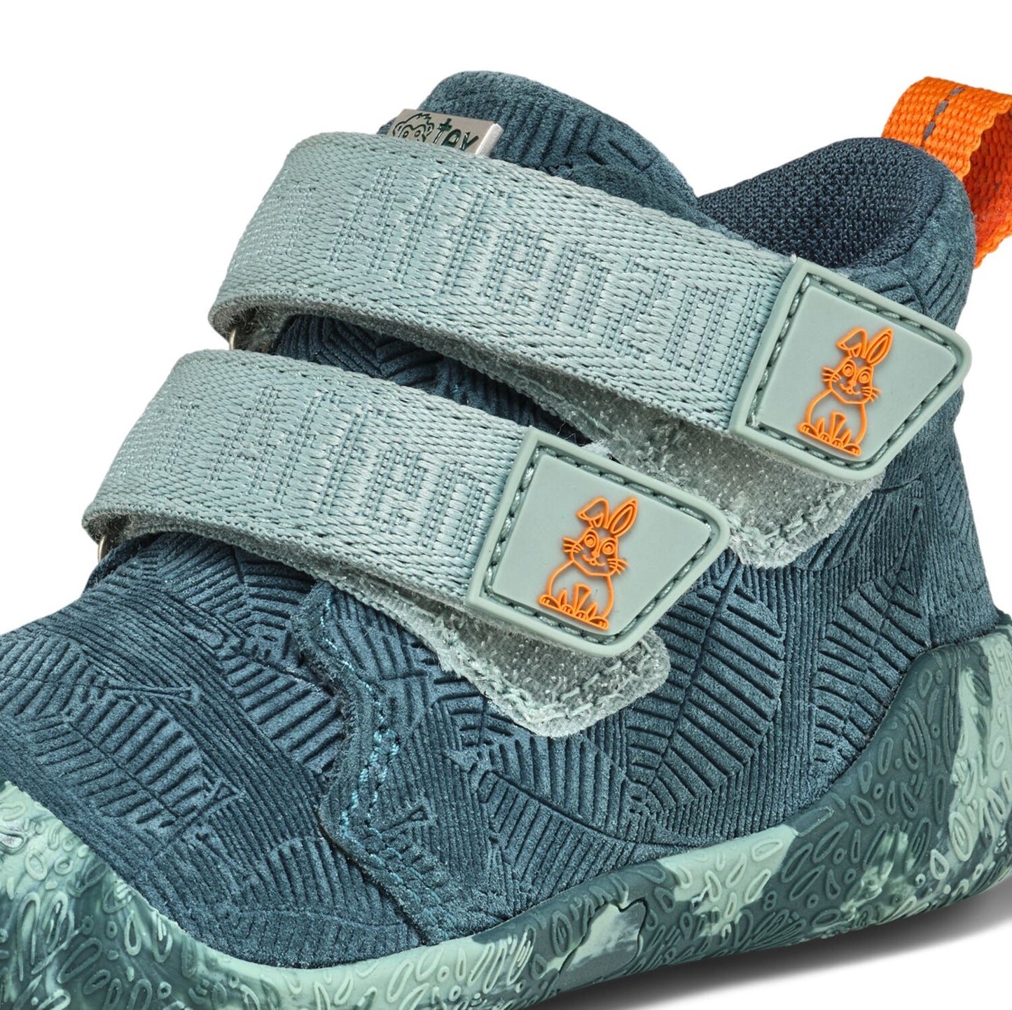 Stilvoller Knöchelschuh in petrol und orange mit Talky Hase Design aus langlebigem Leder