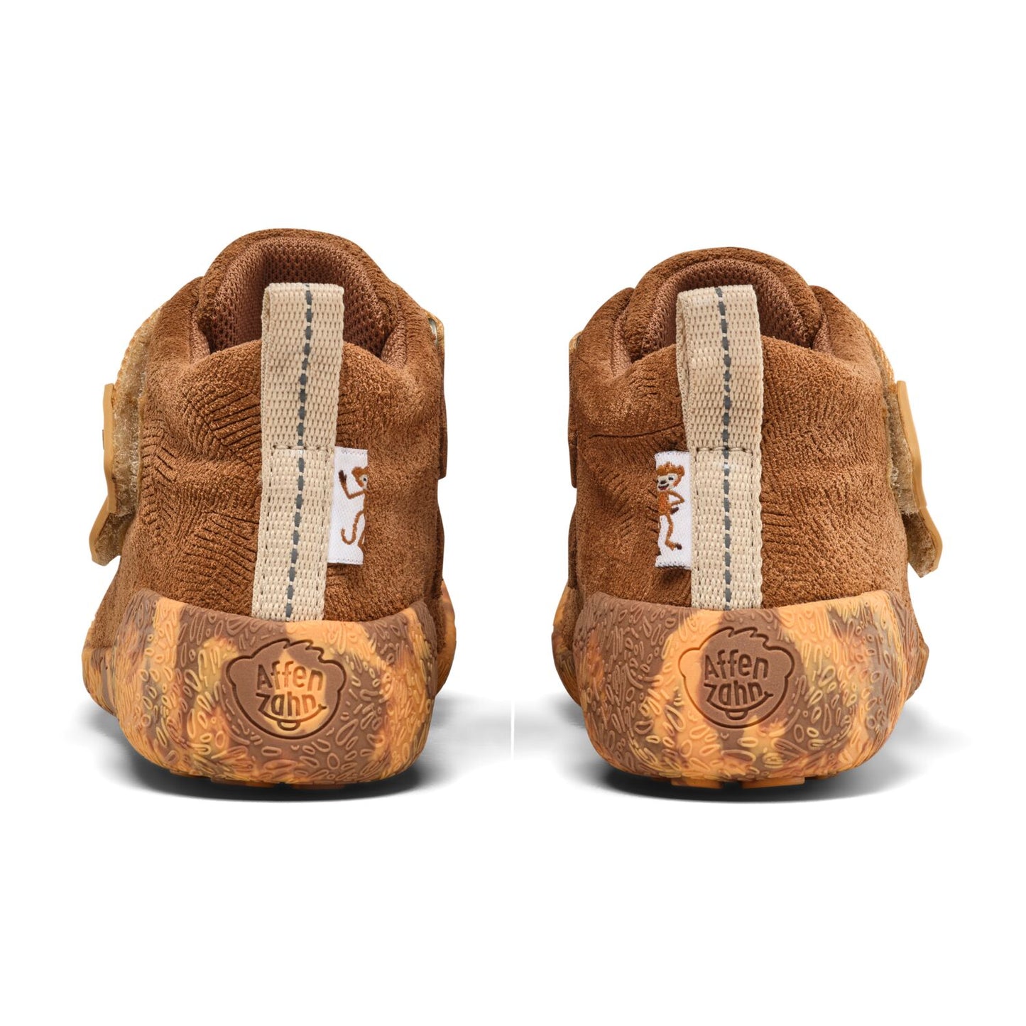 Seitenansicht des stilvollen braunen Knöchelschuhs mit auffälligem LEDER TALKY AFFE Motiv aus hochwertigem Leder