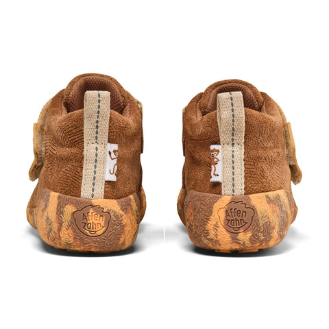 Seitenansicht des stilvollen braunen Knöchelschuhs mit auffälligem LEDER TALKY AFFE Motiv aus hochwertigem Leder