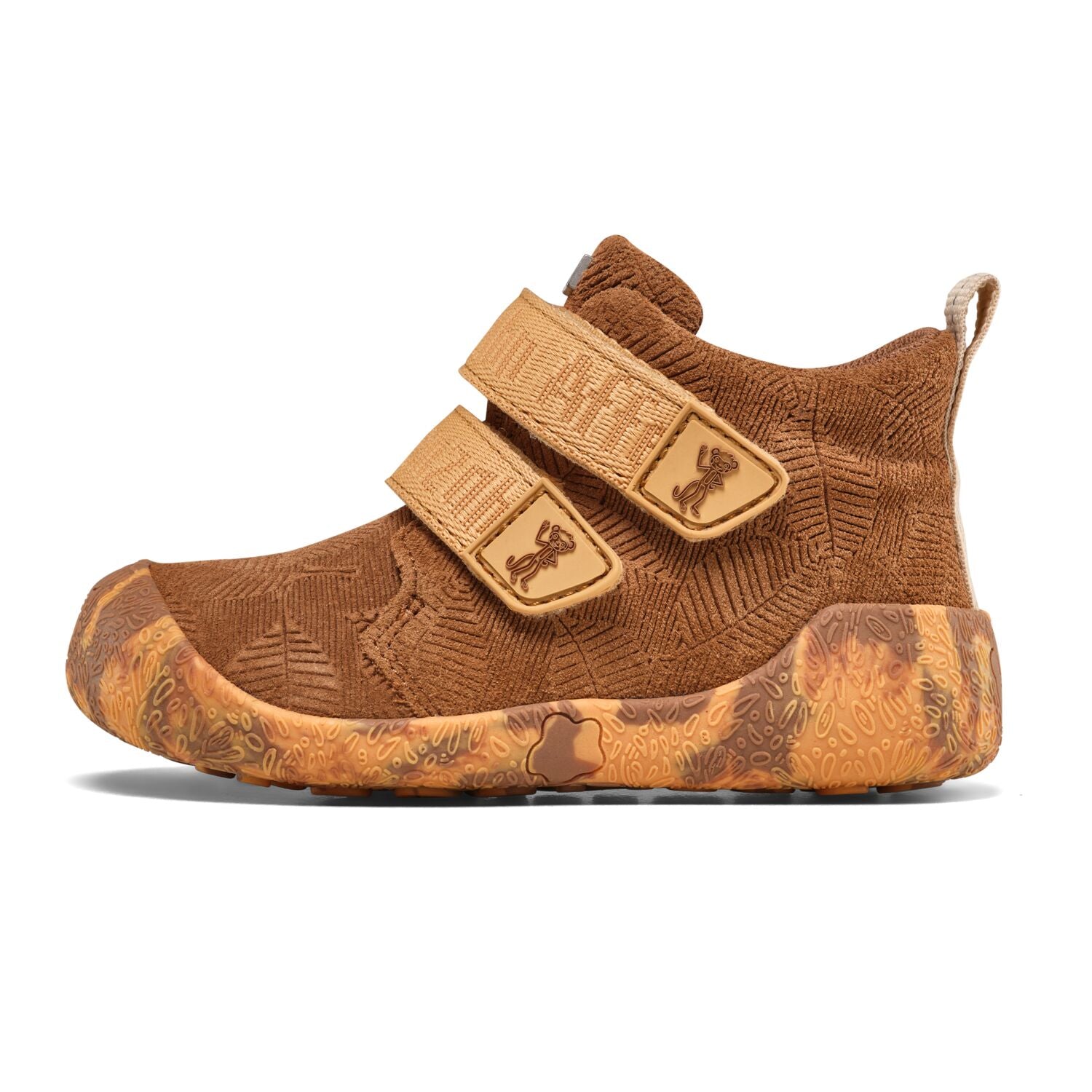 Detailansicht des braunen Leder-Knöchelschuhs mit LEDER TALKY AFFE Aufdruck auf der Seite