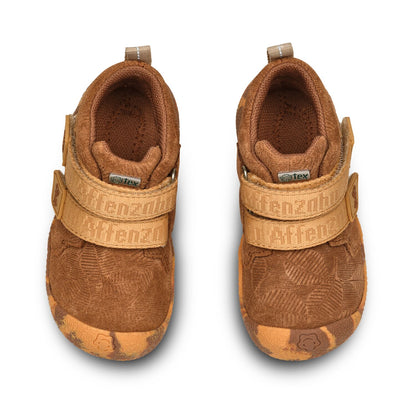 Verschluss des AFFENZAHN TEX Knöchelschuhs aus braunem Leder mit robustem Material und angenehmem Tragegefühl