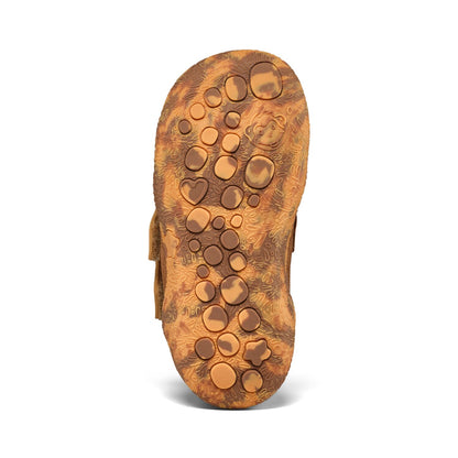 Gesamtansicht des stilvollen braunen Knöchelschuhs mit Talky Affe Motiv und bequemer Passform