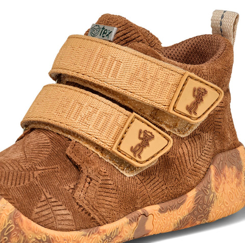 Blick auf die strapazierfähige Ledersohle des braunen AFFENZAHN TEX Knöchelschuhs mit Talky Affe Dekor