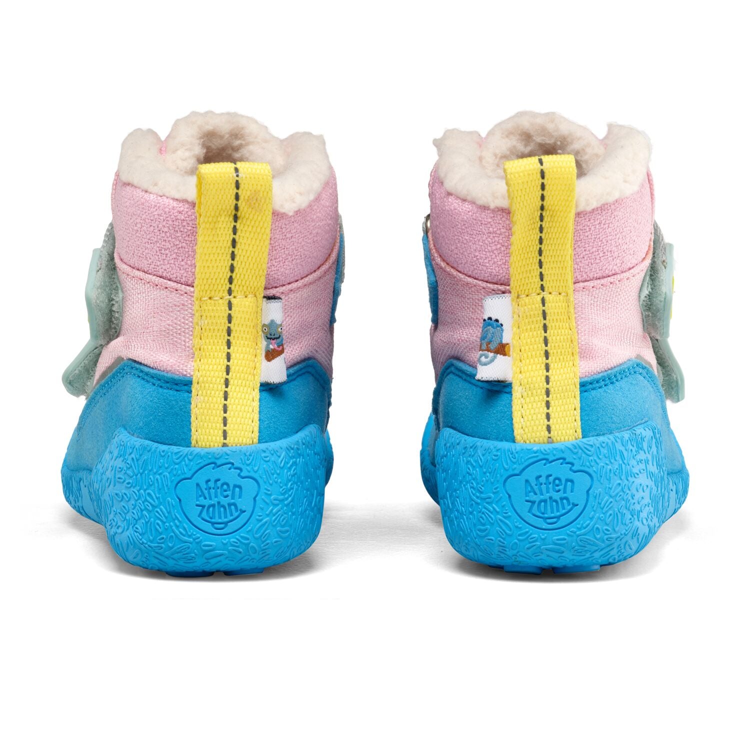 Veganer Kinderstiefel mit farbenfrohem Design in Türkis, Rosa und Gelb, geeignet für Alltag und Spiele