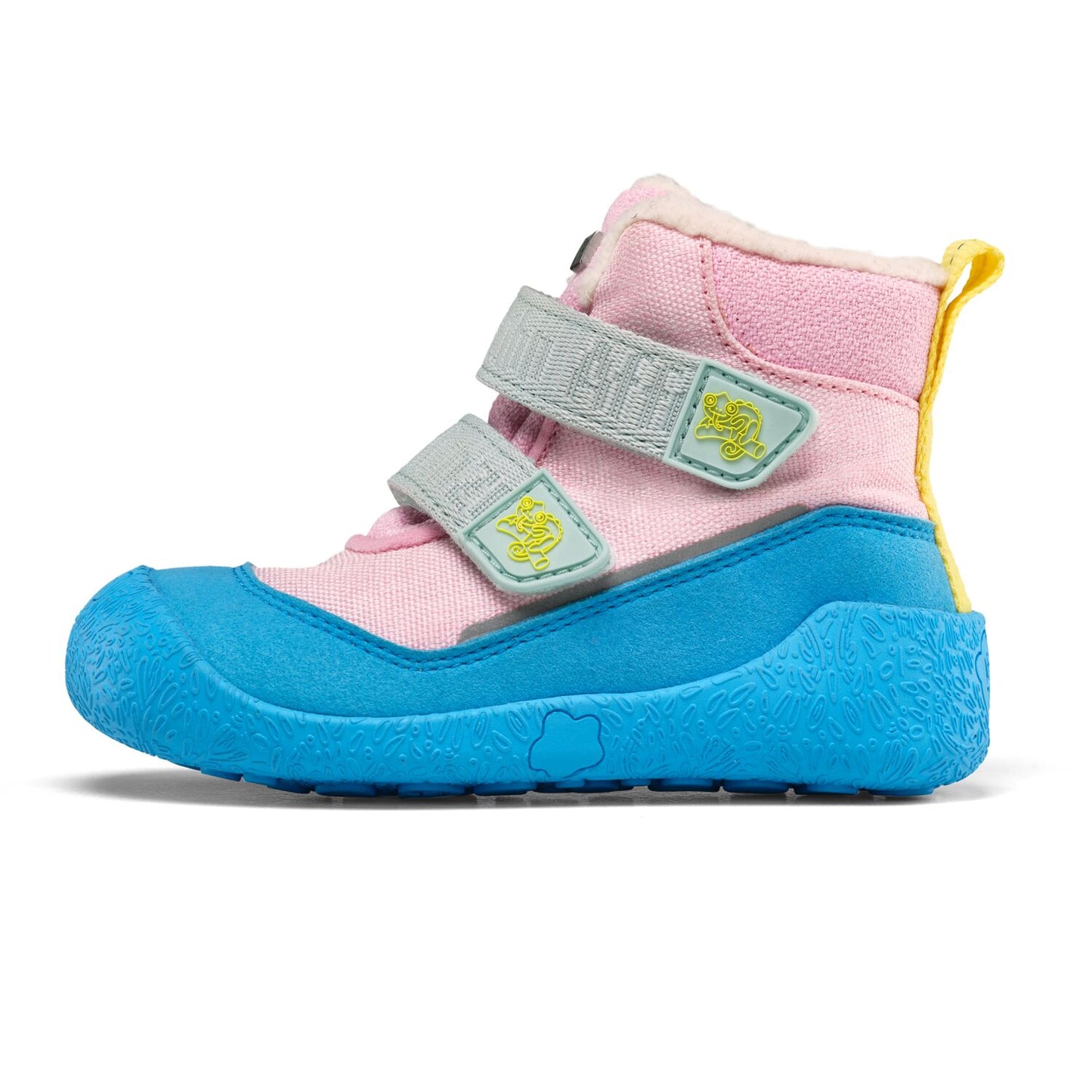 Buntes Kinderstiefel im türkisen, rosa und gelben Design, aus veganem Material, ideal für kleine Abenteurer