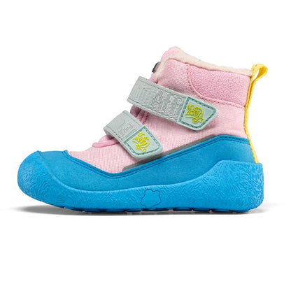 Buntes Kinderstiefel im türkisen, rosa und gelben Design, aus veganem Material, ideal für kleine Abenteurer