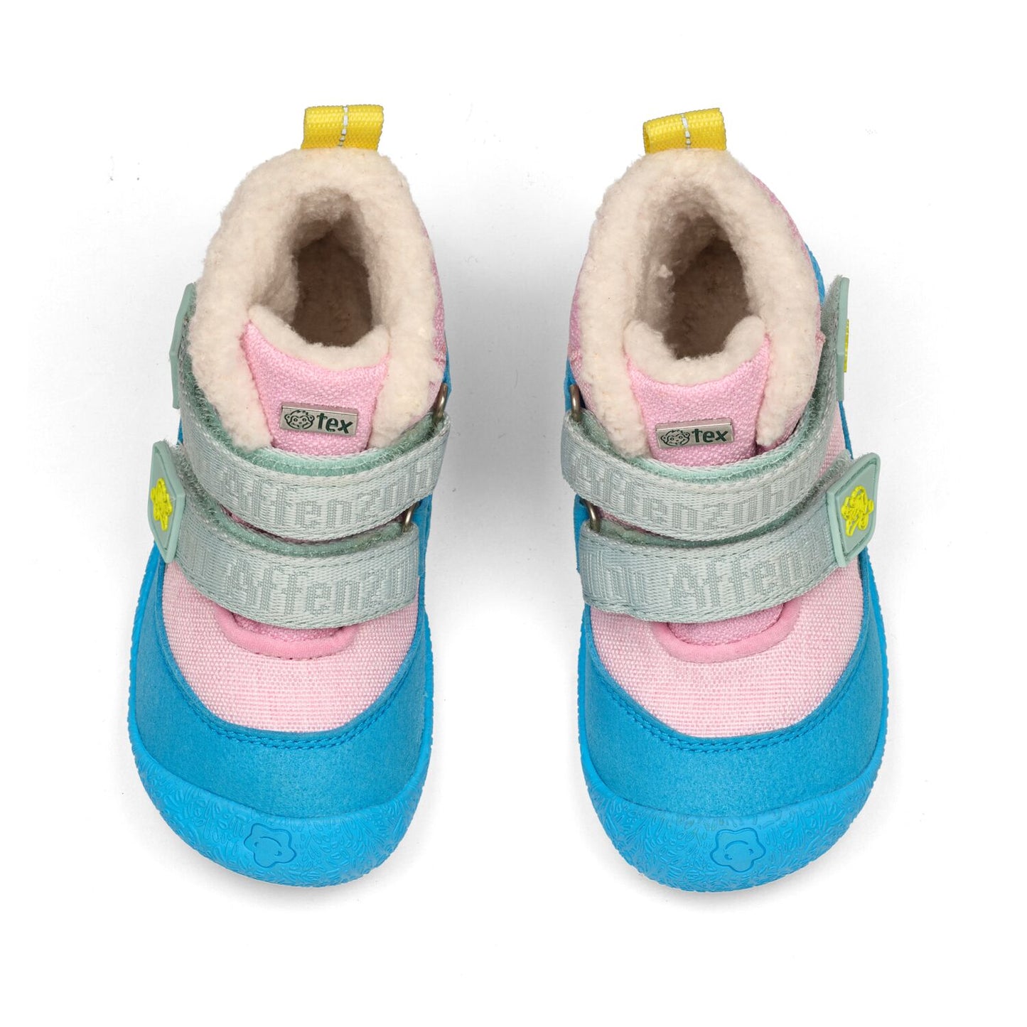 AFFENZAHN TEX Stiefel in auffälligem Türkis, Rosa und Gelb, hergestellt aus veganem Material, für umweltbewusste Eltern