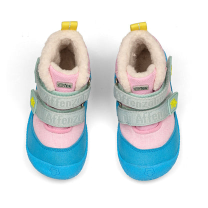 AFFENZAHN TEX Stiefel in auffälligem Türkis, Rosa und Gelb, hergestellt aus veganem Material, für umweltbewusste Eltern