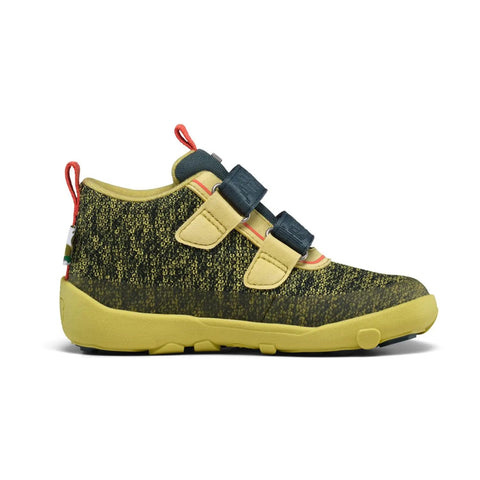 Seitenansicht des AFFENZAHN TEX Knöchelschuh Knit Happy Raupe in petrol/neongrün, gelbe Sohle und Klettverschlüsse