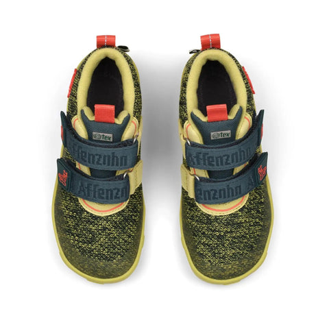 Top-Ansicht: AFFENZAHN Sneaker KNIT HAPPY RAUPE, petrol/neongrün, zwei blaue Klettverschlüsse mit Markenband, gelbe Sohle