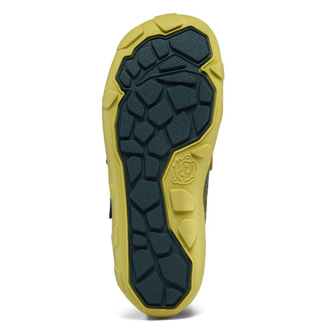 Unterseite des AFFENZAHN Sneaker KNIT HAPPY RAUPE, petrol/neongrün; gelbe Sohle mit dunklem Profil und AFFENZAHN-Logo.