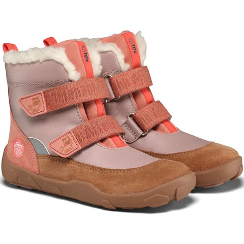 Seitenansicht des AFFENZAHN Stiefel WINTY PONY in braun-rosa-koralle, Fellrand, drei Klettverschlüsse, braune Sohle.